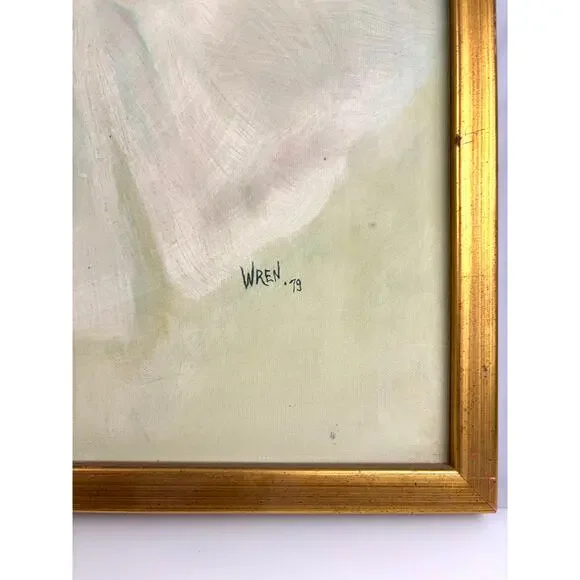 Vintage Signed Sad Clown Oil Painting by WREN ’79 Framed Original Artwork MCM